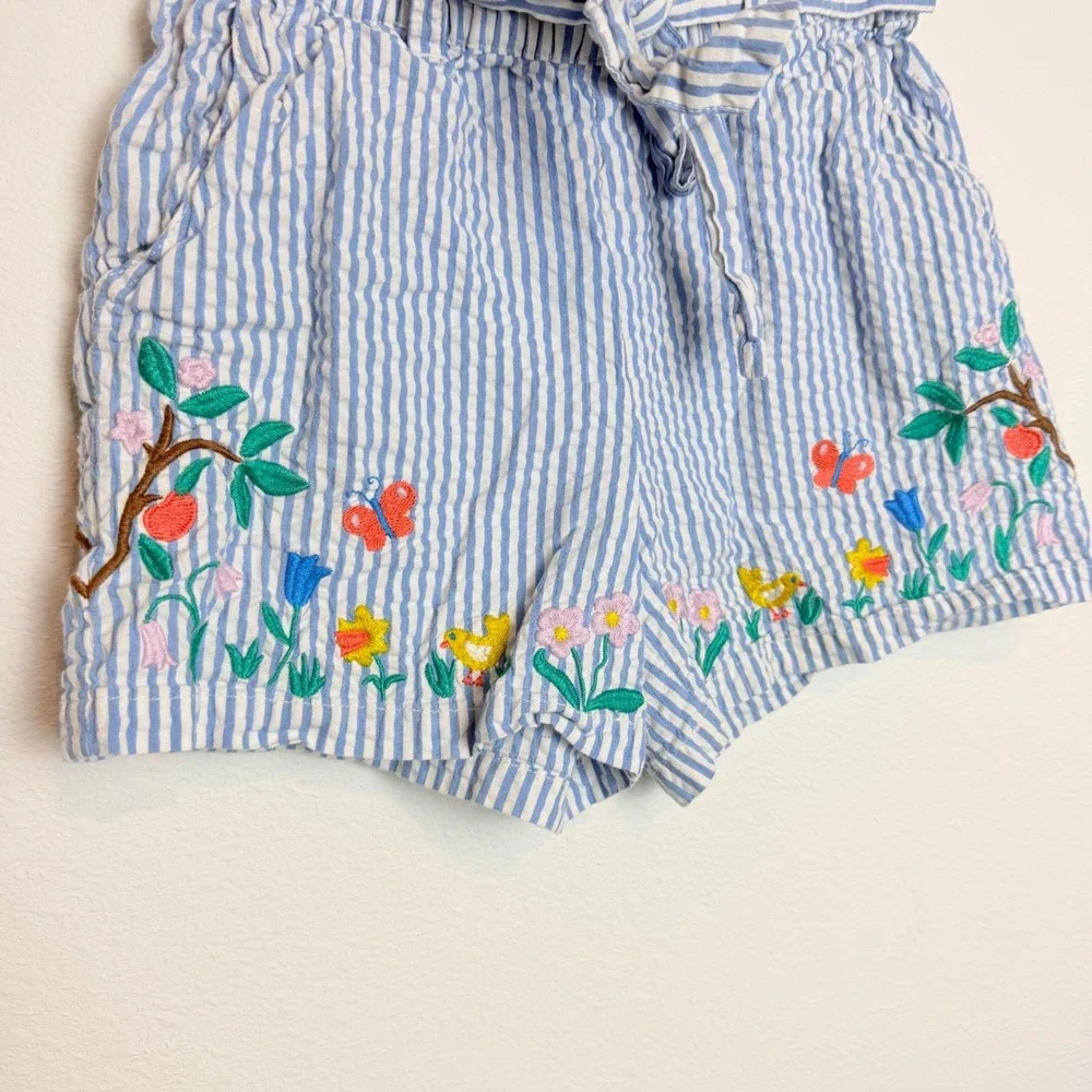 Mini Boden Girls Blue White Seersucker Striped Embroidered Floral Shorts Size 7Y
